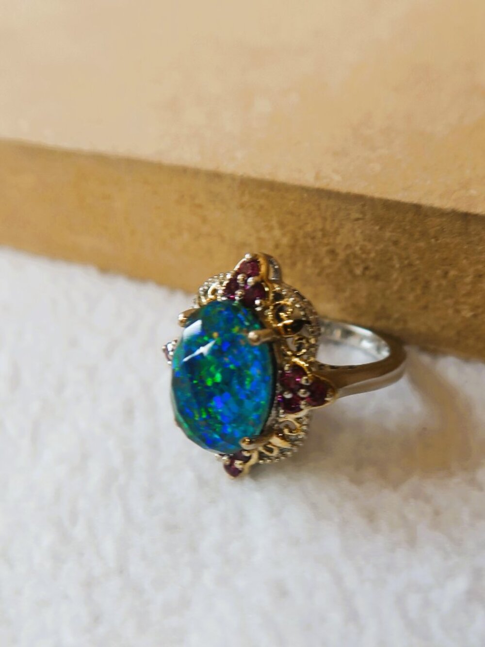 Flashy Teal Iridescent Halo Ring Sterling Silver Two Tone Gold Purple Size 5.75